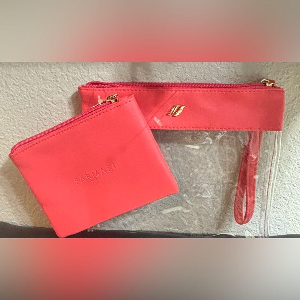 Farmasi Coral Pink Clear Wristlet and Zip Pouch Set